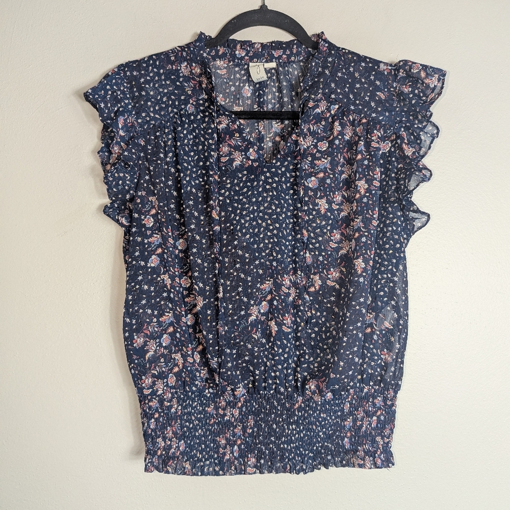 L Joie Navy Floral Shimmer Smocked Blouse
